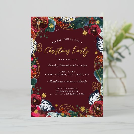 Rood Goud Groen Wit Bloemen Werveltje Kerstfeest Folie Uitnodiging (Staand Voorkant)