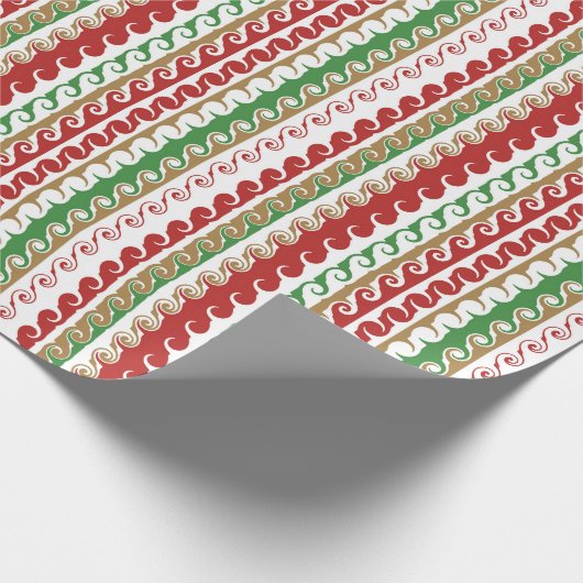 Rood, goud, groene krullende streep vakantie cadeaupapier (Hoek)