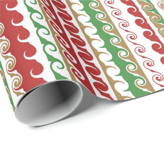 Rood, goud, groene krullende streep vakantie cadeaupapier (Rol Hoek)