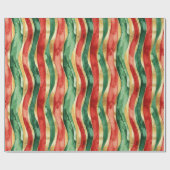 Rood Goud Groene Stripes Kerstmis Cadeaupapier (Vlak)