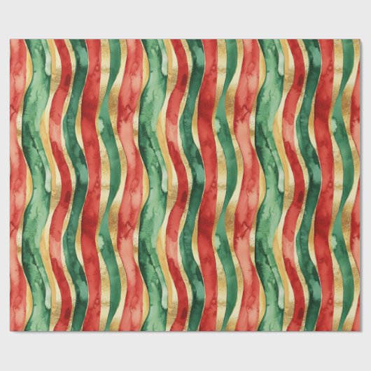 Rood Goud Groene Stripes Kerstmis Cadeaupapier (Vlak)