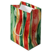 Rood Goud Groene Stripes Kerstmis Medium Cadeauzakje (Voorkant Gekanteld)