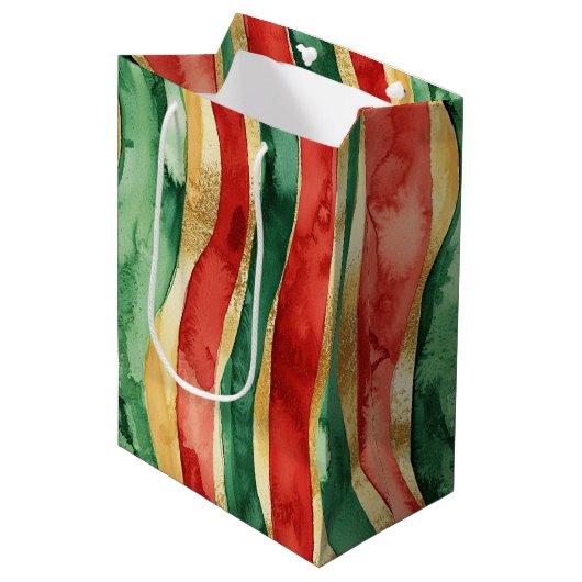 Rood Goud Groene Stripes Kerstmis Medium Cadeauzakje (Voorkant Gekanteld)