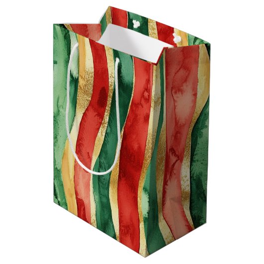 Rood Goud Groene Stripes Kerstmis Medium Cadeauzakje (Achterkant Gekanteld)