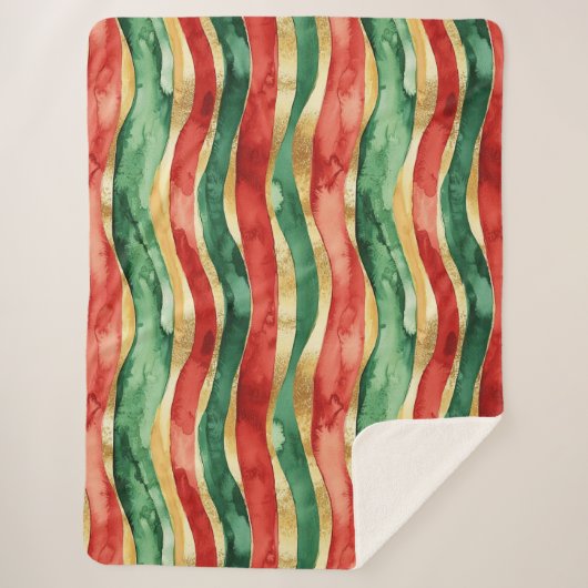 Rood Goud Groene Stripes Kerstmis Sherpa Deken (Voorkant)