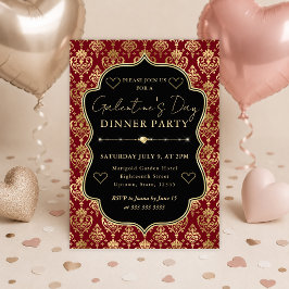 Rood & Goud Hart Damast Galentine's Dinerfeest Kaart