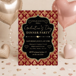 Rood & Goud Hart Damast Galentine's Dinerfeest Kaart