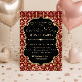 Rood & Goud Hart Damast Galentine's Dinerfeest Kaart