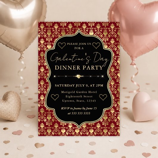 Rood & Goud Hart Damast Galentine's Dinerfeest Kaart