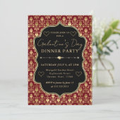 Rood & Goud Hart Damast Galentine's Dinerfeest Kaart (Staand voorkant)