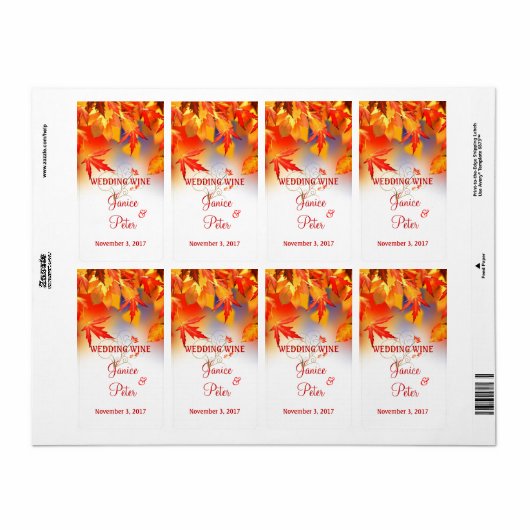 Rood Goud herfst bladeren Bruiloft Wijn Label (Full Sheet)