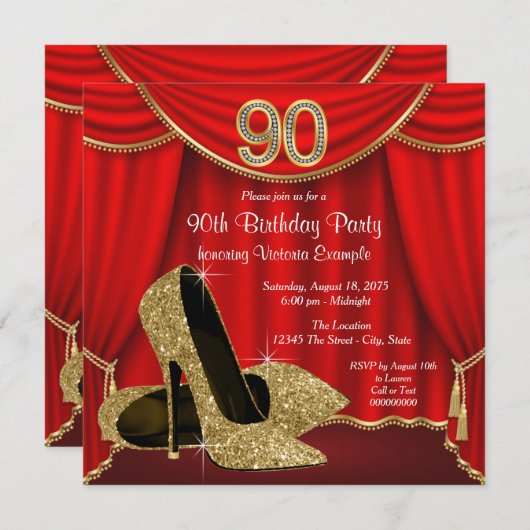 Rood Goud Hoge Hak 90ste Verjaardagsfeest Kaart (Voorkant / Achterkant)