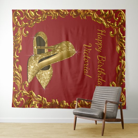 Rood Goud Hoge Hak Schoen Verjaardagsfeestje XL Ac Wandkleed (In Situ (horizontaal))