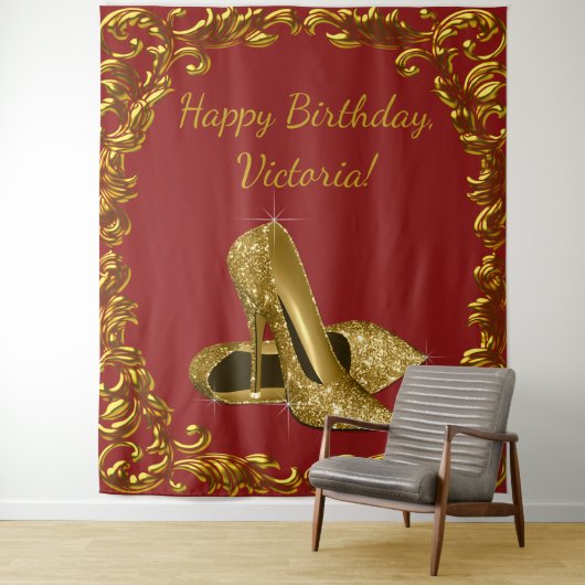 Rood Goud Hoge Hak Schoen Verjaardagsfeestje XL Ac Wandkleed (In situ)