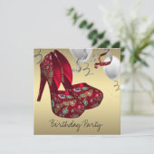 Rood Goud Hoge Hak Schoenen Verjaardagsfeest Kaart (Staand voorkant)