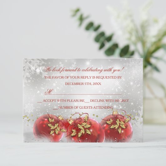 Rood & Goud Holly Baubles Kerstfeest RSVP (Staand voorkant)