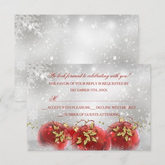 Rood & Goud Holly Baubles Kerstfeest RSVP Kaartje (Voorkant / Achterkant)