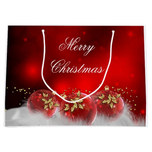 Rood & Goud Holly Baubles Vrolijk Kerstfeest Groot Cadeauzakje (Voorkant)
