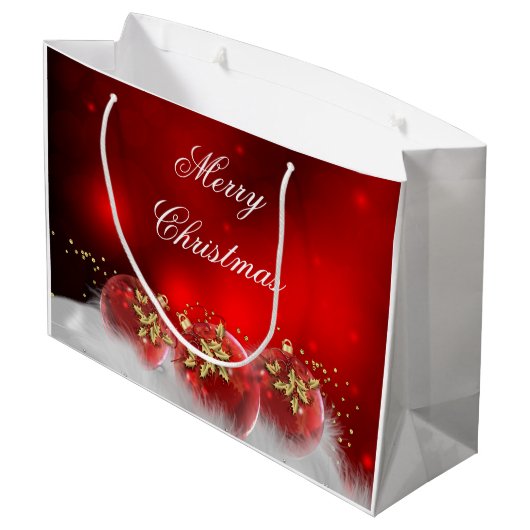 Rood & Goud Holly Baubles Vrolijk Kerstfeest Groot Cadeauzakje (Achterkant Gekanteld)