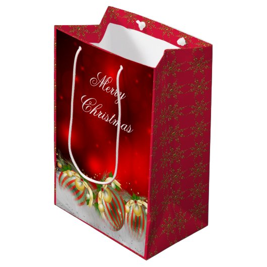Rood & Goud Holly Baubles Vrolijk Kerstmis 2 Medium Cadeauzakje (Voorkant Gekanteld)