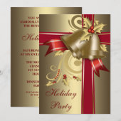 Rood & Goud Holly Bells Vakantie Party Uitnodiging (Voorkant / Achterkant)