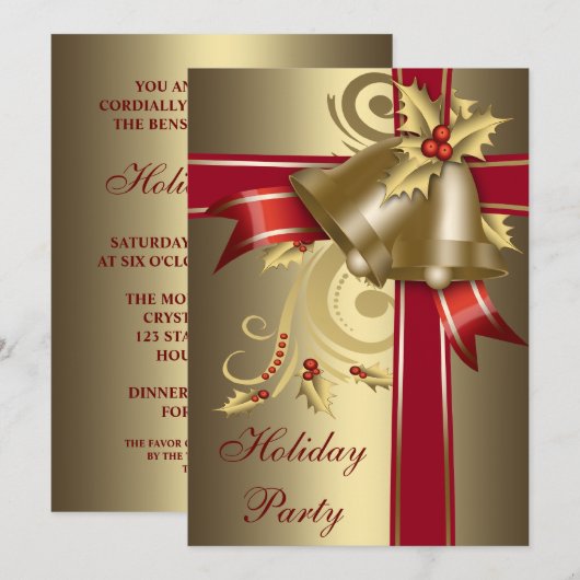 Rood & Goud Holly Bells Vakantie Party Uitnodiging (Voorkant / Achterkant)