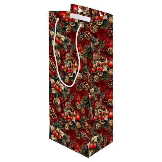 Rood Goud Holly Berries Pine Kegels Wijn Cadeautas (Achterkant Gekanteld)