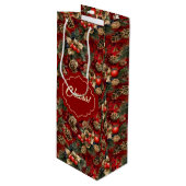 Rood Goud Holly Berries Pine Kegels Wijn Cadeautas (Voorkant Gekanteld)