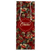 Rood Goud Holly Berries Pine Kegels Wijn Cadeautas (Voorkant)