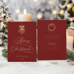 Rood & Goud Holly Berry Boeket Flat Kerstmis Feestdagenkaart<br><div class="desc">Deze eenvoudige platte kerstkaart is voorzien van elegante en romantische swirly kalligrafie belettering met een winter hulst bessen boeket en aangepaste tekst op de achterkant. Voor meer geavanceerde aanpassing van dit ontwerp,  klikt u op de BLUE DESIGN TOOL BUTTON hierboven!</div>