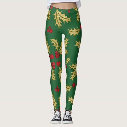 Rood & Goud Holly Bessen & Bladeren in Waterverf Leggings (Voorkant)