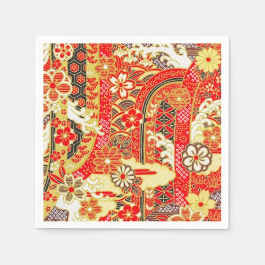 Rood Goud Japans Kimono Bloemen Decoupage Papier Servet (Voorkant)