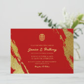 Rood goud kalligrafie penseelstreek chinese bruilo kaart (Staand voorkant)