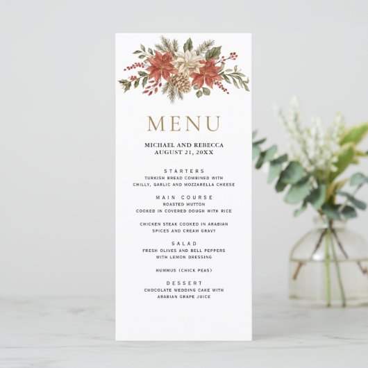 Rood Goud Kerst Bloemen Huwelijk Menu (Staand voorkant)