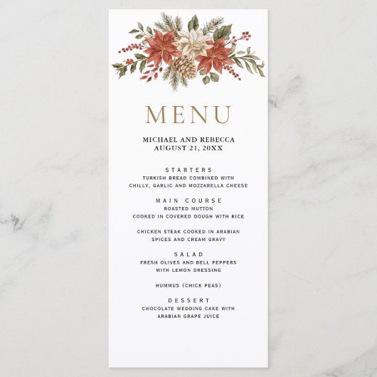 Rood Goud Kerst Bloemen Huwelijk Menu (Voorkant)