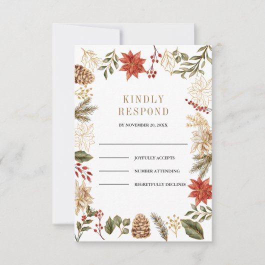 Rood Goud Kerst Bloemen Huwelijk RSVP Kaartje (Voorkant)