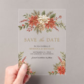 Rood Goud Kerst Bloemen Huwelijk Save the Date Acryl Uitnodigingen (Insitu (Draagbaar))