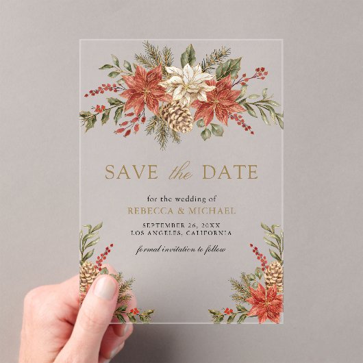 Rood Goud Kerst Bloemen Huwelijk Save the Date Acryl Uitnodigingen (Insitu (Draagbaar))