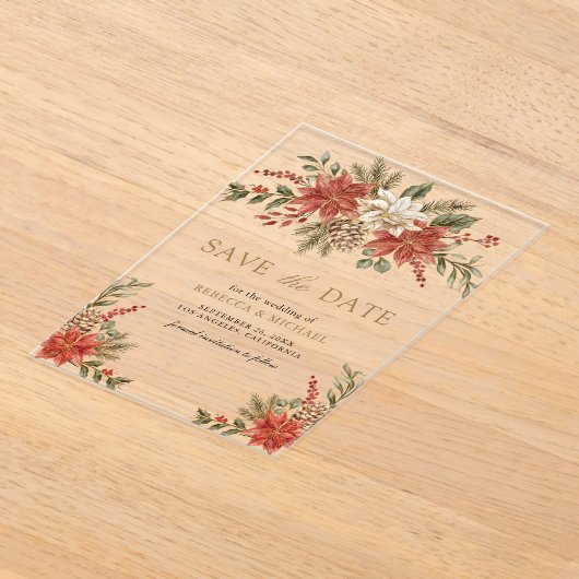 Rood Goud Kerst Bloemen Huwelijk Save the Date Acryl Uitnodigingen (Laagn)