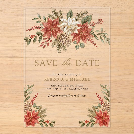 Rood Goud Kerst Bloemen Huwelijk Save the Date Acryl Uitnodigingen (Voorkant)