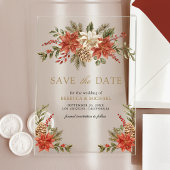 Rood Goud Kerst Bloemen Huwelijk Save the Date Acryl Uitnodigingen