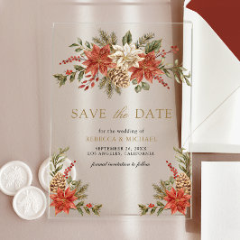 Rood Goud Kerst Bloemen Huwelijk Save the Date Acryl Uitnodigingen