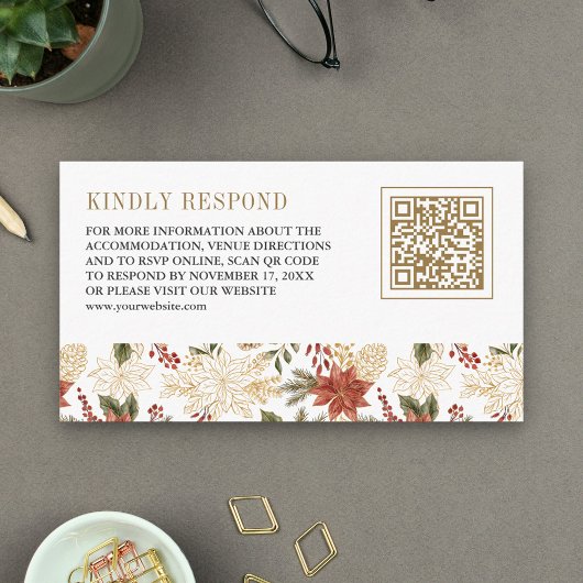 Rood Goud Kerst Bloemen QR Code Huwelijk RSVP Informatiekaartje