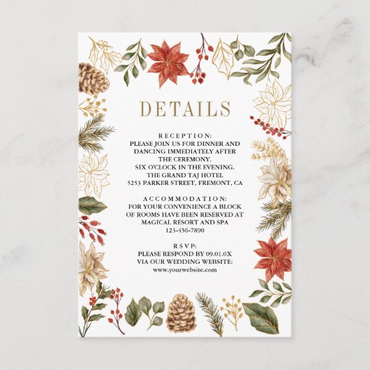 Rood Goud Kerst Bloemen Trouwdetails Informatiekaartje (Voorkant)