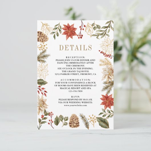 Rood Goud Kerst Bloemen Trouwdetails Informatiekaartje (Staand voorkant)
