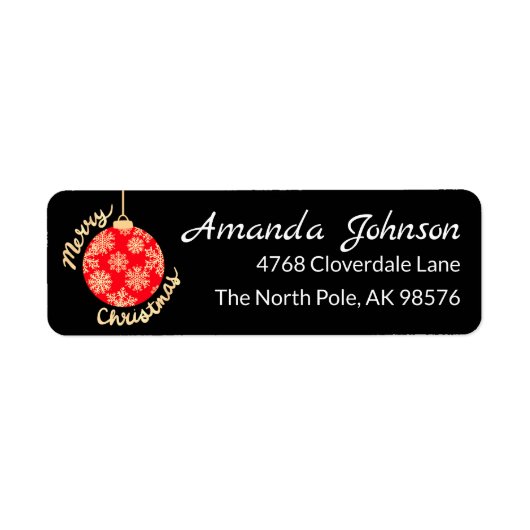 Rood Goud Kerst Ornament Zwart Retour Adres Etiket (Voorkant)