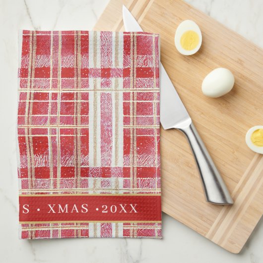 Rood Goud Kerst Plakken Patroon#2 ID1009 Theedoek (Quarter Fold)