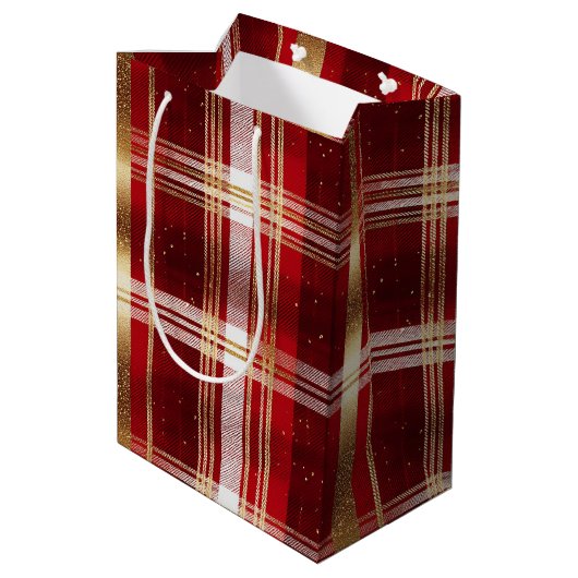 Rood Goud Kerst Tartan Patroon#7 ID1009 Medium Cadeauzakje (Achterkant Gekanteld)