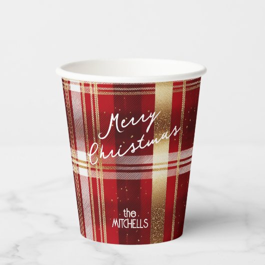 Rood Goud Kerst Tartan Patroon#7 ID1009 Papieren Bekers (Voorkant)