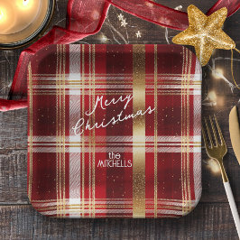 Rood Goud Kerst Tartan Patroon#7 ID1009 Papieren Bordje